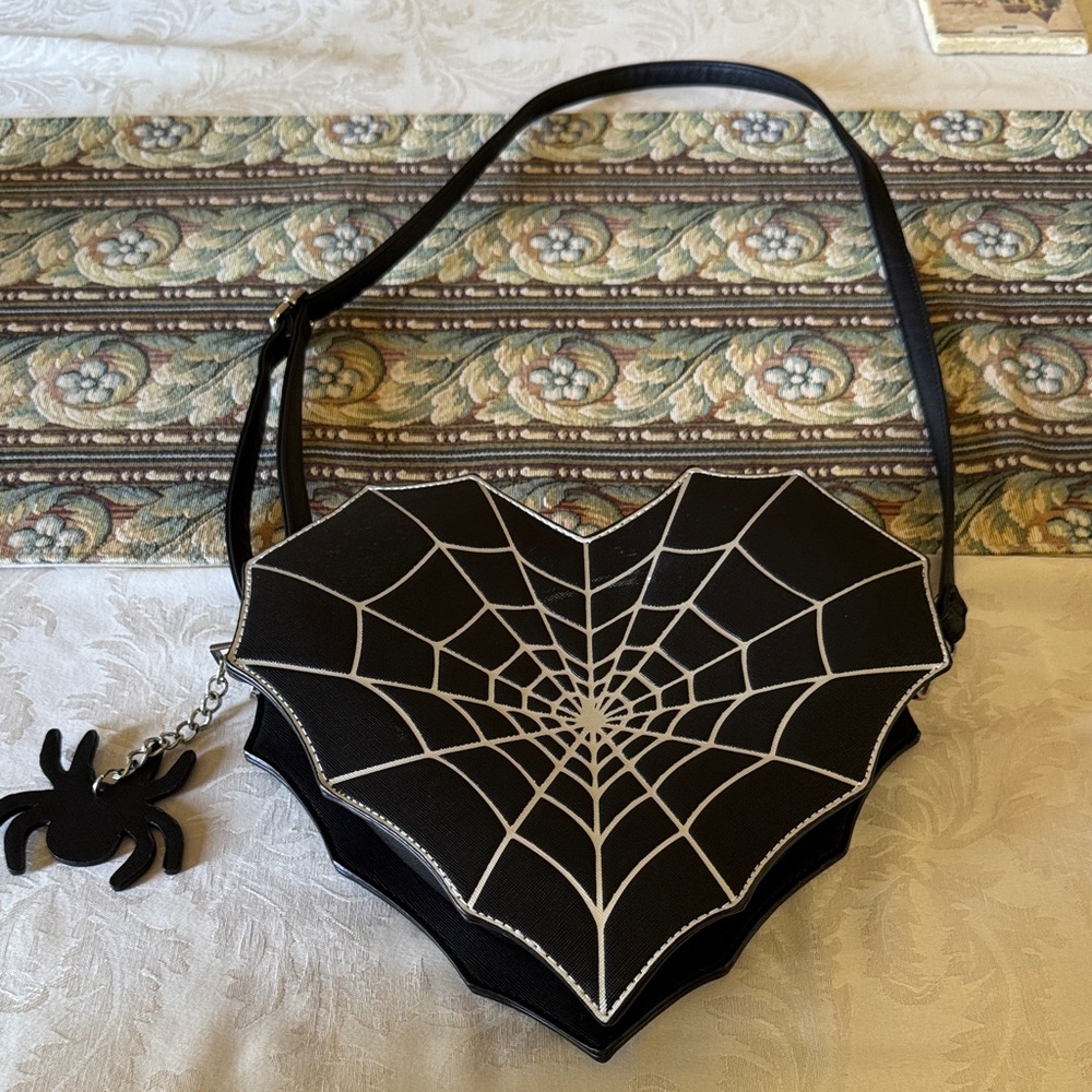 Mad Engine Gothic“SPIDER WEB HEART” Crossbody Bag w/ Spider Zip Pull.
